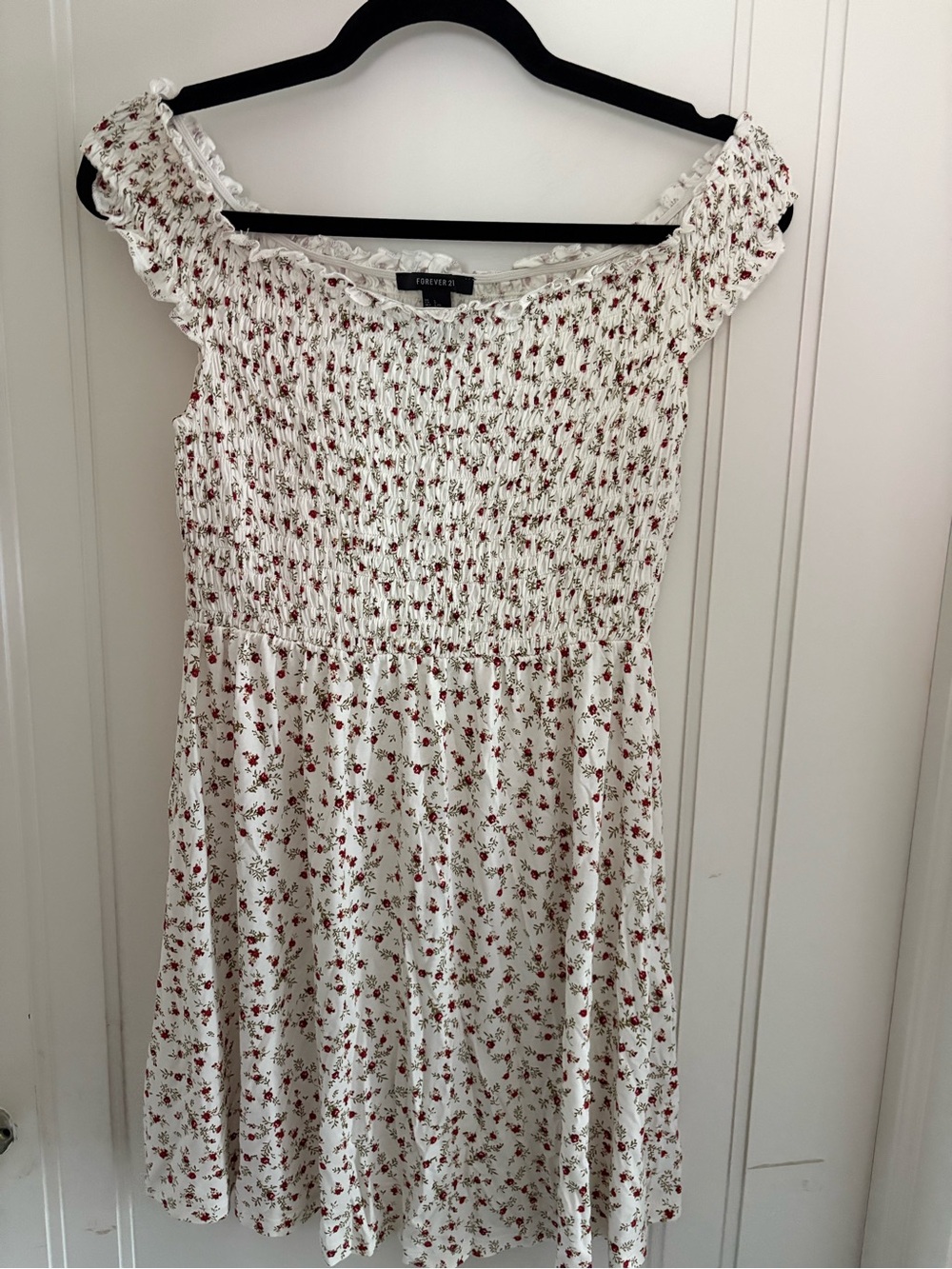 Forever 21 Smocked White Mini Dress with Red Floral Print